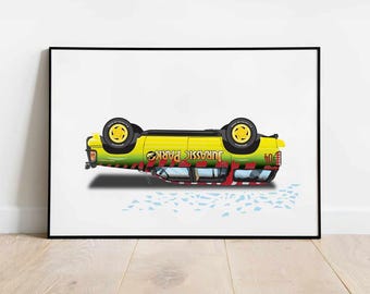 May include: A yellow Jeep with red and black accents is flipped upside down on a white background. The Jeep has the words "Jurassic Park" written on the side. The Jeep is surrounded by small blue pieces of glass.