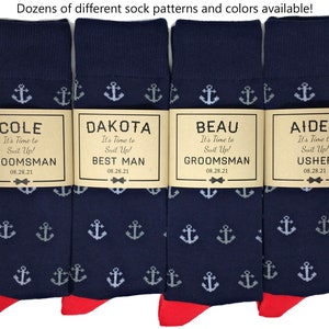 1 Pair Anchors Navy & Red Socks and Personalized Groomsmen Proposal Men&#39;s Socks, Sock Labels, Groomsmen Gifts, Multiple Pattern Options