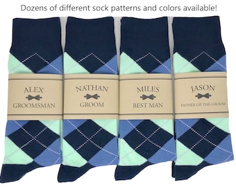 Navy, Steel Blue & Mint Argyle Socks, Multiple Color Options - 1 Pair Personalized Groomsmen Proposal Socks / Sock Labels / Groomsmen Gifts