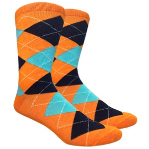 1 Pair Men&#39;s Orange, Navy Blue & Turquoise Argyle Dress, Wedding Groomsmen Socks, Proposal Socks, Men&#39;s Gifts, Father&#39;s Day Gifts, Christmas