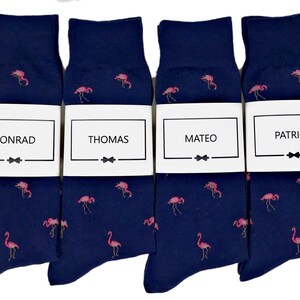 May include: Four pairs of navy blue socks with a pink flamingo pattern. Each pair is packaged with a white label displaying a name: Conrad, Thomas, Mateo, and Patrick. The socks are a fun and colorful accessory.