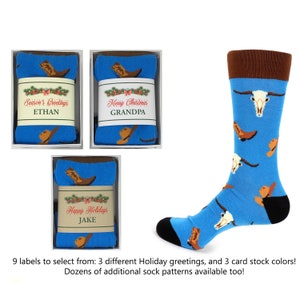 1 Pair Men&#39;s Western Cowboy Blue Novelty Socks - Multiple Patterns Available - Personalized Band & Gift Boxed Option / Holiday Gift for Men