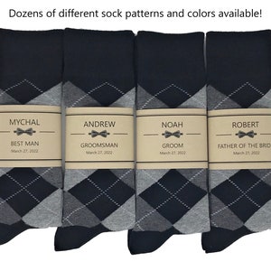 Multiple Colors  Available: 1 Pair Men's Personalized Groomsmen Proposal Socks and/or Sock Labels / Groomsmen Gifts, Black Grey Argyle Socks