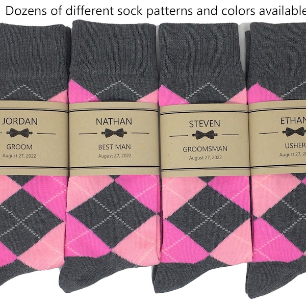 Multiple Color Options - 1 Pair Personalized Groomsmen Proposal Socks, Sock Labels / Men's Socks / Groomsmen Gifts, Gray & Pink Argyle Socks