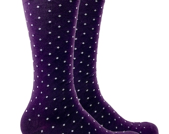 Groomsmen Socks, Plum Eggplant & White Polka Dot Socks, Wedding Socks, Proposal Socks, Mens Dress Socks, Men's Stocking Stuffer, Men's Gifts
