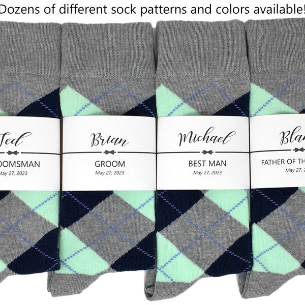 Multiple Colors Available, 1 Pair Men's Personalized Groomsmen Proposal Socks and/or Sock Labels / Groomsmen Gifts / Gray, Mint, Navy Argyle
