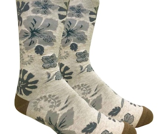 1 Pair Men's Hawaiian Hibiscus Beige Tan Dress / Wedding / Groomsmen Socks, Proposal Socks, Men's Gifts, Father's Day Gifts - Island Aloha