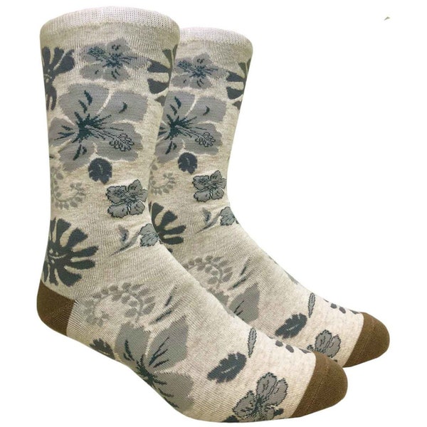 1 Pair Men's Hawaiian Hibiscus Beige Tan Dress / Wedding / Groomsmen Socks, Proposal Socks, Men's Gifts, Father's Day Gifts - Island Aloha