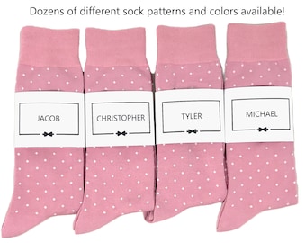 Dusty Rose Polka Dot Socks - 1 Pair Men's Personalized Groomsmen Proposal Socks and Sock Labels / Groomsmen Gifts, Multiple Color Options