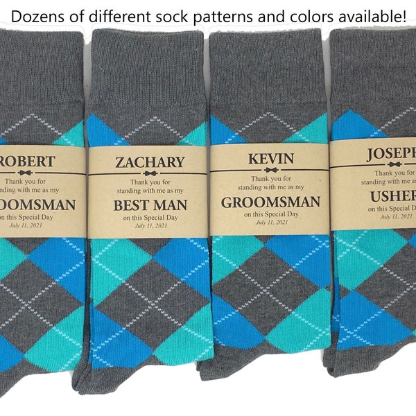 Multiple Pattern Options - 1 Pair Personalized Groomsmen Proposal Socks / Sock Labels / Men Socks / Groomsmen Gifts / Gray & Turquoise Socks