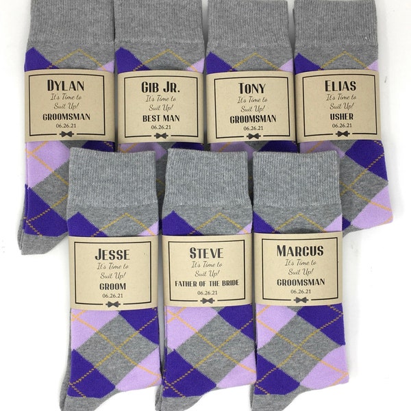 Multiple Colors Available - 1 Pair Heather Grey & Purple Men's Socks and/or Personalized Groomsmen Proposal Socks / Labels / Groomsmen Gifts
