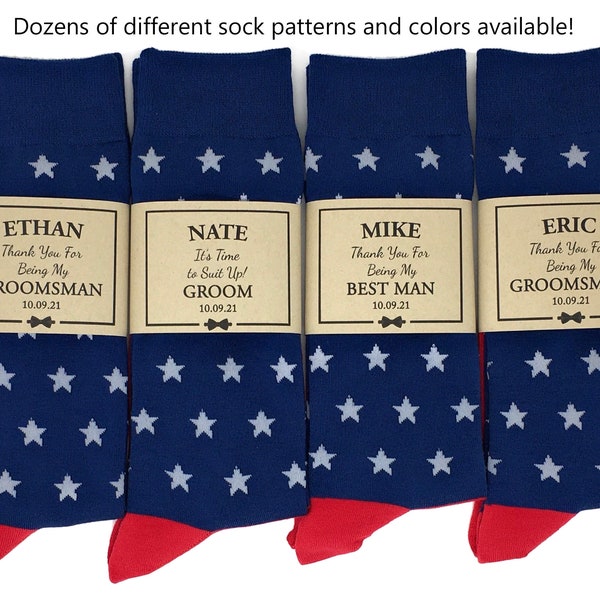 Multiple Patterns Available, 1 Pair - American Flag Men's Socks and/or Personalized Groomsmen Proposal Socks, Sock Labels, Groomsmen Gifts