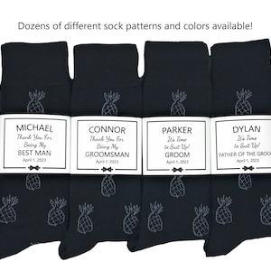 Multiple Patterns  Available: 1 Pair Men's Personalized Groomsmen Proposal Socks and/or Sock Labels / Groomsmen Gifts, Black Pineapple Socks
