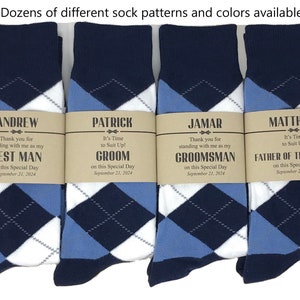 Navy, Steel & White Argyle Socks; Multiple Colors: 1 Pair Men&#39;s Personalized Groomsmen Proposal Socks and Sock Labels, Groomsmen Gifts