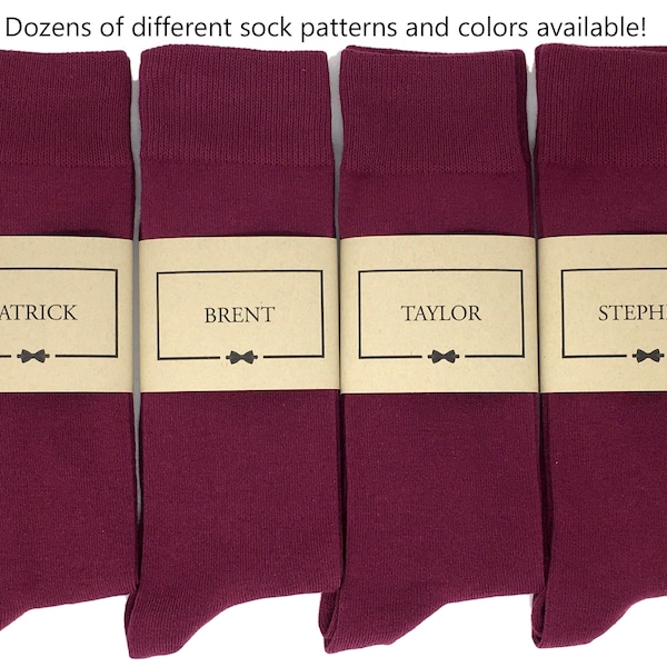 Multiple Colors - 1 Pair Men's Personalized Groomsmen Proposal Socks and/or Sock Labels, Groomsmen Gifts / Burgundy Maroon Solid Dress Socks