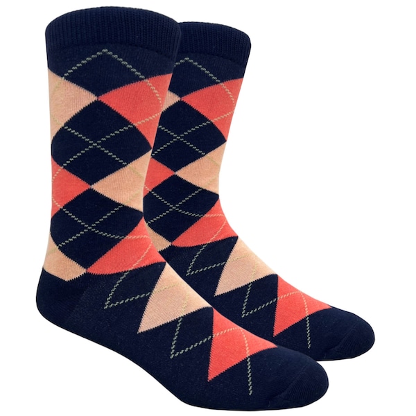 1 Pair Men's Navy, Bellini Peach & Coral Argyle Dress Wedding Groomsmen Socks, Proposal Socks, Men's Gifts, Father's Day Gifts