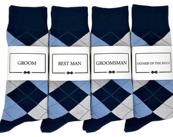 Navy Blue, Dusty Blue & Light Gray Argyle Socks , 1 Pair Men's Personalized Groomsmen Proposal Socks and Sock Labels / Groomsmen Gift Socks