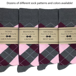 Gray, Wine, Pink Argyle Socks - Multiple Colors Available, 1 Pair Men&#39;s Personalized Groomsmen Proposal Socks & Sock Labels, Groomsmen Gifts