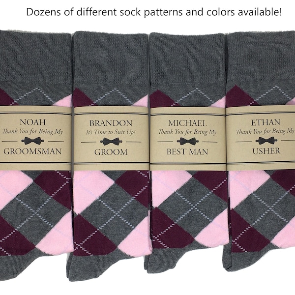 Multiple Colors Available, 1 Pair Men's Personalized Groomsmen Proposal Socks and/or Sock Labels / Groomsmen Gifts / Gray, Wine, Pink Argyle