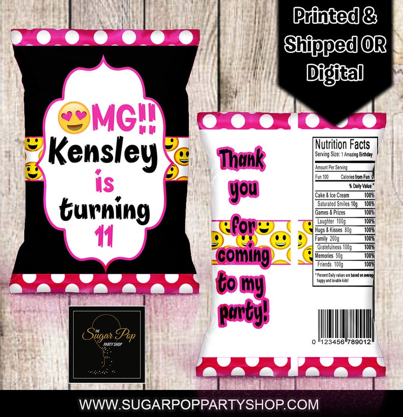 Pink Emoji Chip Bag, Emoji Party Favor Bag, Smiley, OMG, Digital