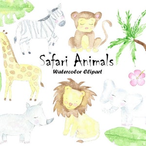 Safari Dieren Aquarel Clipart Illustratie, Hand Painted PNG Graphics, Kwekerij, Baby Shower, Jungle, Tropisch, Olifant, Giraffe, Aap