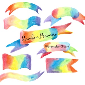 Rainbow Banners Watercolor Clipart, Ribbon Banners Clip Art, 8 Hand Painted PNG Watercolor Graphics Commercial Use, Instant Digital Download