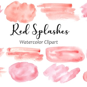 Clipart de respingos e manchas de aquarela vermelha, 12 gráficos pintados à mão Splat, formas de aquarela digital PNG, uso comercial