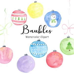Clipart de enfeites de Natal, enfeites de férias em aquarela, 8 enfeites de Natal PNG pintados à mão, gráficos de uso comercial, download digital instantâneo