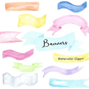 Watercolor Banners Clipart, Ribbon Banners Clip Art, 12 Hand Painted PNG Watercolor Graphics Commercial Use, Instant Digital Download