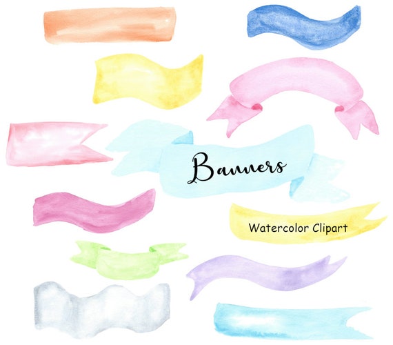 Instant Digital Download Watercolor Banners Clipart Ribbon Banners Clip Art 12 Hand Painted PNG Watercolor Graphics Commercial Use