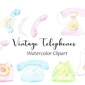 Watercolor Telephones Clipart, Vintage Phone Clip Art, 8 Hand Painted PNG Watercolor Graphics Commercial Use, Instant Digital Download