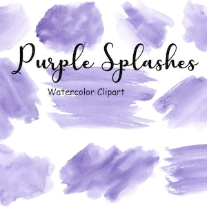 Clipart de respingos e manchas de aquarela roxa, 10 gráficos pintados à mão Splat, formas de aquarela digital PNG, uso comercial