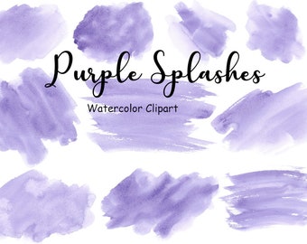 Purple Watercolor Splashes and Splotches Clipart, 10 Splat Hand Painted Graphics, PNG Digital Watercolor Shapes, Commercial Use