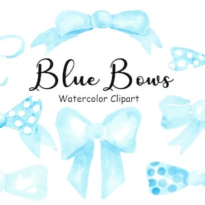 Watercolor Blue Bows Clipart, Ribbon Clip Art, 8 Files Hand Painted Bow PNG Watercolor Graphics, Commercial Use, Instant Digital Download