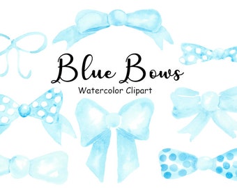 Watercolor Blue Bows Clipart, Ribbon Clip Art, 8 Files Hand Painted Bow PNG Watercolor Graphics, Commercial Use, Instant Digital Download