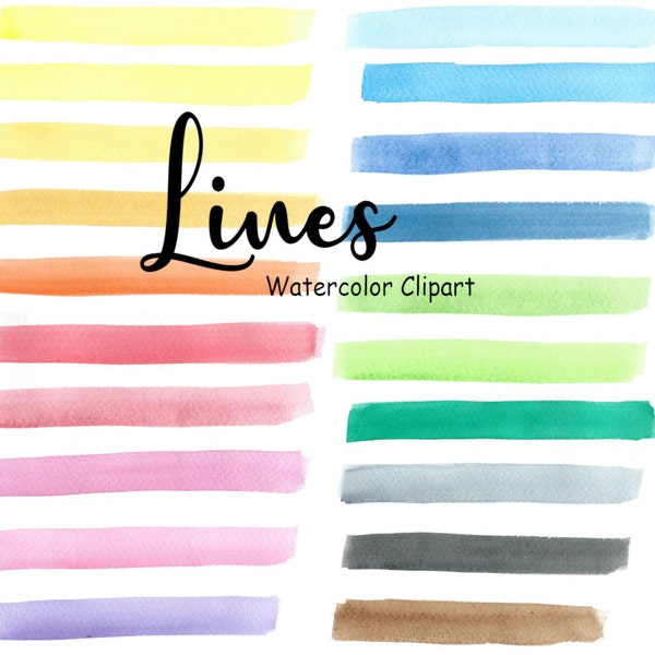 Watercolor Lines Clipart, Brush Stroke Clip Art, 21 Hand Painted Shapes PNG Watercolor Graphics Commercial Use, Digital Images