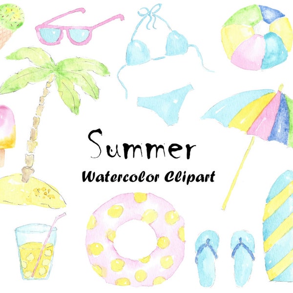 Summer Watercolor Clipart, Watercolor Beach Seaside Holiday Tropical Clip Art, Hand Painted Graphics PNG Files, Printable Download