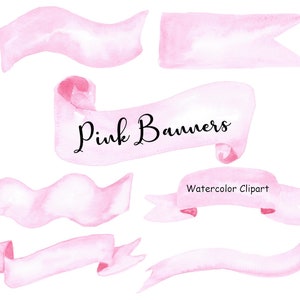 Pink Banners Watercolor Clipart, Ribbon Banners Clip Art, 8 Hand Painted PNG Watercolor Graphics Commercial Use, Instant Digital Download