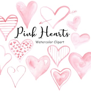 Pink Hearts aquarel clipart, 11 handgeschilderde PNG aquarel vormen, commercieel gebruik, Instant Download, Valentines Heart Graphics