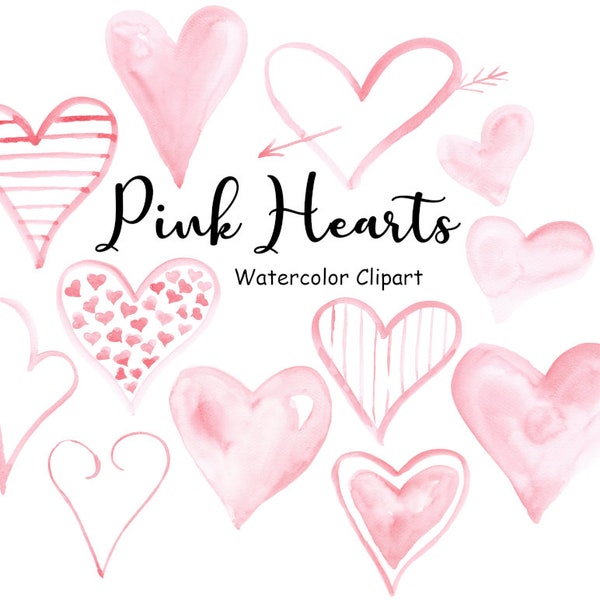 Pink Hearts Watercolor Clipart, 11 Hand Painted PNG Watercolor Shapes, Commercial Use, Instant Download, Valentines Heart Graphics