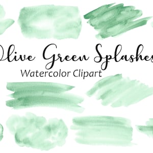 Olijfgroene aquarel spatten en vlekken Clipart, 12 Splat handgeschilderde afbeeldingen, PNG digitale aquarel vormen, commercieel gebruik
