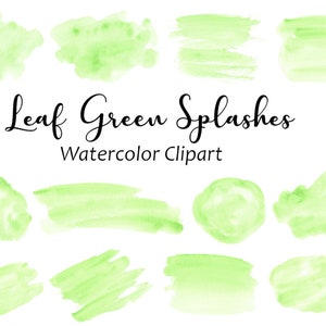 Blad groene aquarel spatten en vlekken clipart, 12 splat handgeschilderde graphics, PNG digitale aquarel vormen, commercieel gebruik