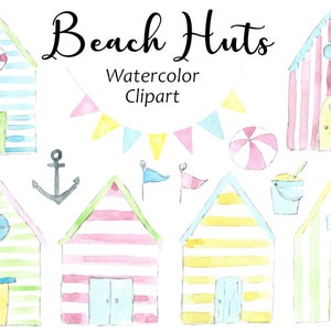 Watercolor Beach Hut Clipart, 12 Hand Painted PNG Files,  Watercolor Seaside Graphics, Summer Clip Art, Commercial Use Digital Images