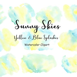 Clipart de respingos de aquarela de céu ensolarado, clipart de manchas amarelas e azuis, 10 gráficos pintados à mão Splat, formas digitais de aquarela PNG