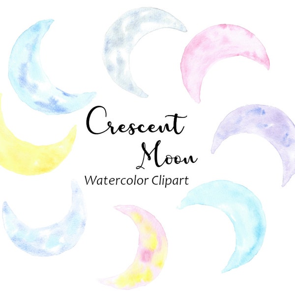 Crescent Moon Watercolor Clipart, Bedtime Nursery Clip Art, Moon Phases Digital PNG Image, Moon Cycle Lunar Galaxy Graphics, Baby Clipart