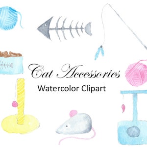 Cat Accessories Watercolor Clipart, Pet Clip Art, Hand Painted PNG Watercolor Graphics, Digital Images