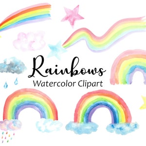 Clipart de arco-íris em aquarela, 12 gráficos meteorológicos em aquarela PNG pintados à mão, uso comercial, ícones de estrelas de chuva em nuvem, imagens digitais