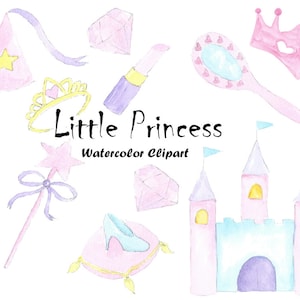 Princess Birthday Party Watercolor Clipart, Hand Painted Little Baby Girl PNG Invitation Graphics, Commercial Use Instant Download
