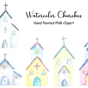 Watercolor Church Clipart, 5 Hand Painted PNG Files,  Watercolor Country House Graphics, Religious Clip Art, Commercial Use Digital Images