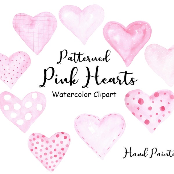 Pink Hearts Watercolor Clipart, 9 Hand Painted PNG Watercolor Patterned Shapes, Commercial Use, Instant Download, Valentines Heart Graphics